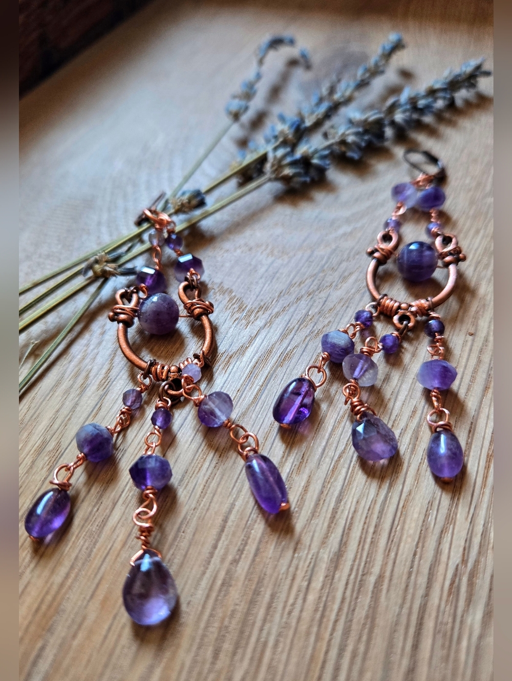 Natural Amethysts In Handcrafted Artisan Chandelier In Antique Copper Earrings - Picture 3 of 10